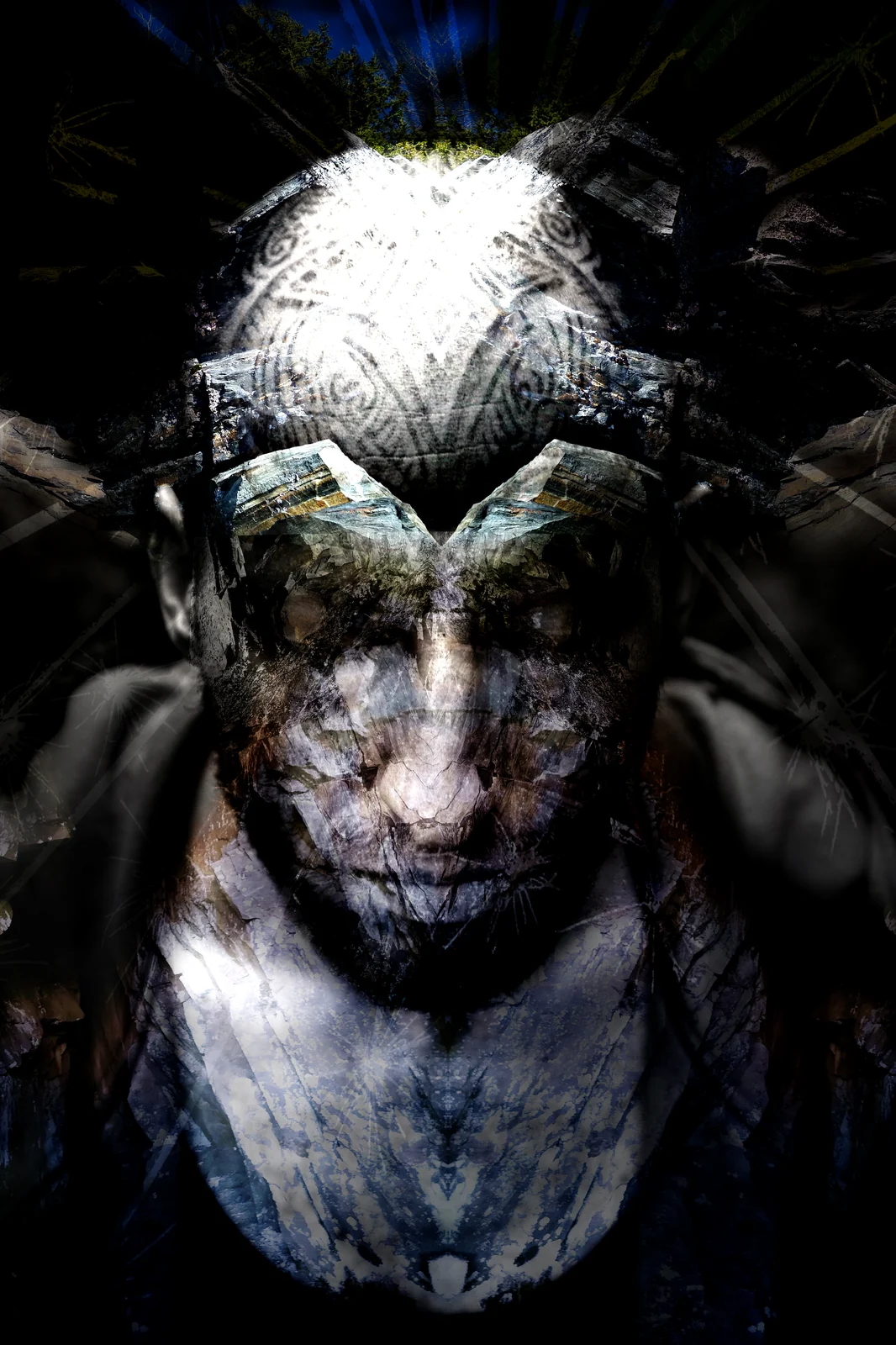 I Am — a dark symmetrical double-exposure self-portrait by SHIZMOS